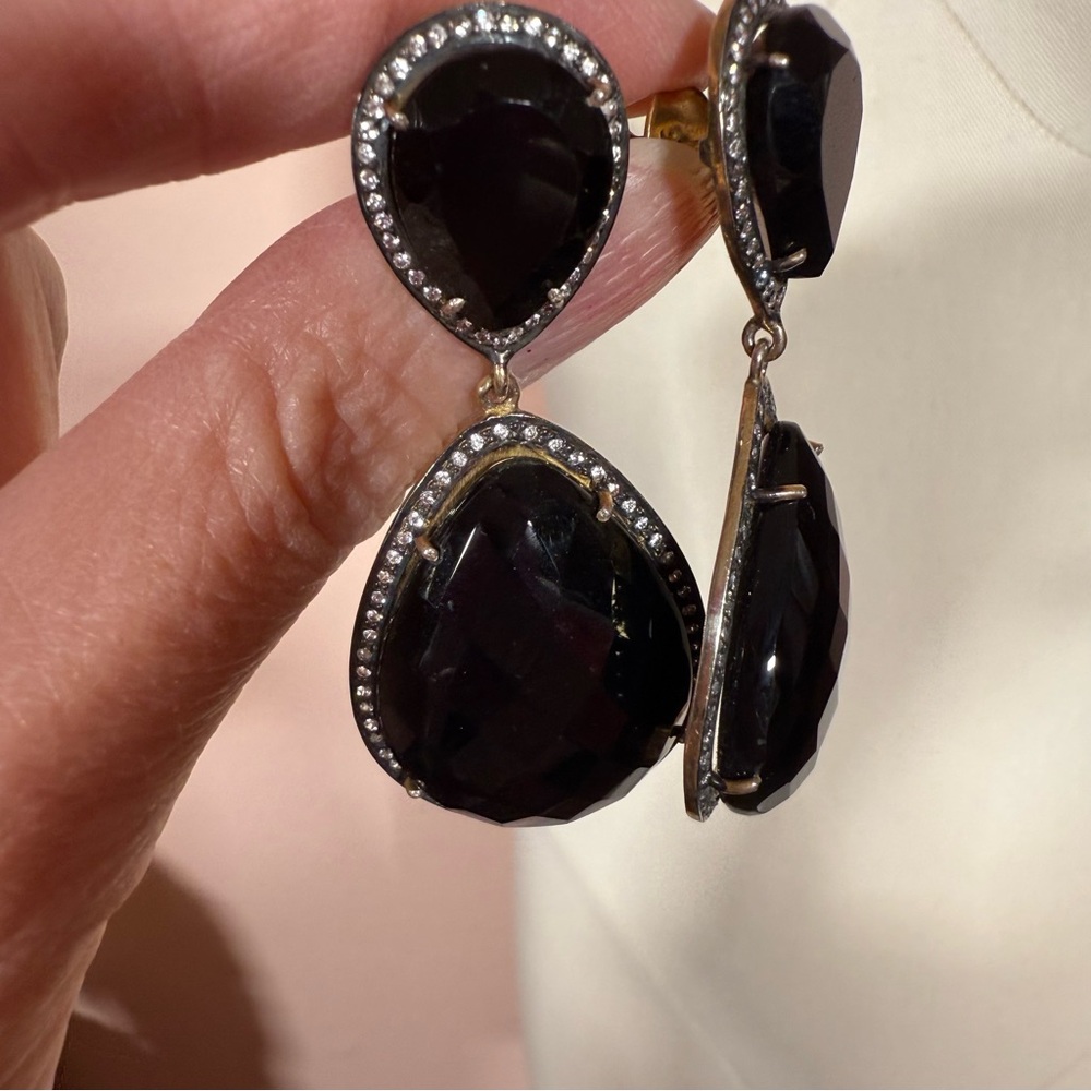 Sterling silver pear shape Black glass topaz halo oversized dangle earrings - Picture 12 of 15